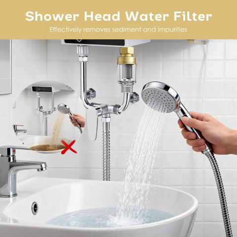 Shower scene with visible "2 Pack Brass Sediment Filter Reusable Washing Machine Water Filter 50 Micron Anti Scale Anti Rust Mud Sand Traps Yellow Mini For Water Heater Garden RV" showcasing sediment filtration.