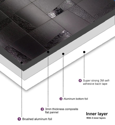Detailed view of 3-layer Peel And Stick Metal Backsplash Kit For Kitchen Self Adhesive Aluminum Mosaic 3D Wall Panels In Brushed Black