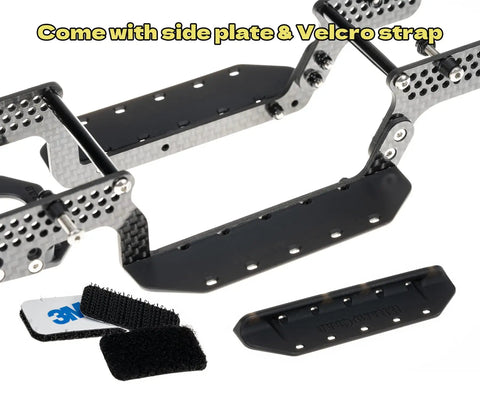 Beefed Up Carbon Fiber Universal Chassis Frame Kit For One Eighteenth RC Crawler TRX4M Upgrade with skid plate and Velcro strap shown