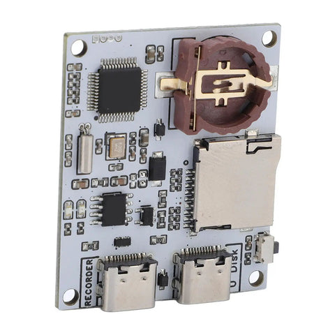 Slick Serial Port Recorder Module With Memory Card Adapter, compact circuit board with USB C connectors and SD slot.
