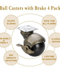 2 Inch Antique Brass Caster Wheels With Brake Set Of 4 For Furniture And DIY Projects, featuring ball caster with brake and smooth rotation.