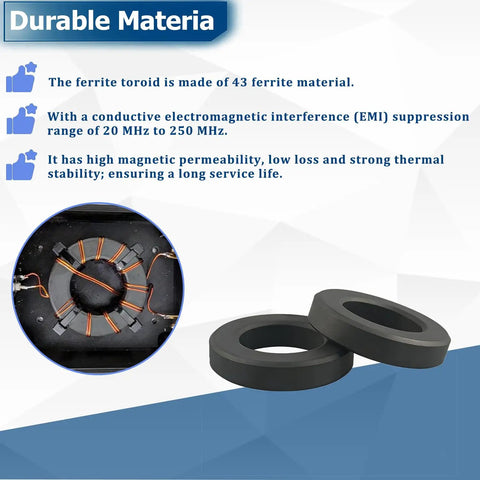 Two Pack FT240-43 Ferrite Toroidal Core For EMI And RFI Suppression, showing two toroids with product features list.
