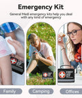 Compact 150 Piece First Aid Kit With Instant Cold Pack And Emergency Blanket For Grab And Go Travel Home Office Car Camping Medical Supplies In A Small Lightweight Bag shown with family, camping, and office uses.