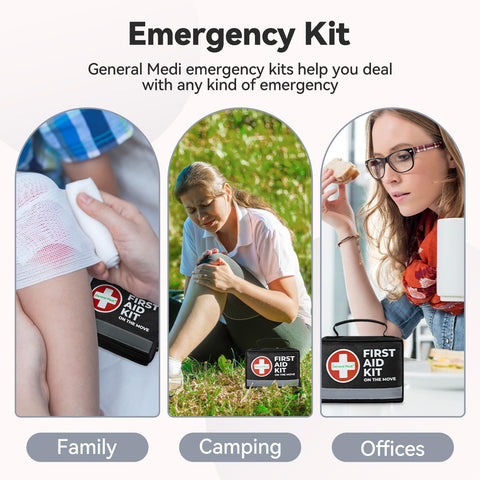 Compact 150 Piece First Aid Kit With Instant Cold Pack And Emergency Blanket For Grab And Go Travel Home Office Car Camping Medical Supplies In A Small Lightweight Bag shown with family, camping, and office uses.