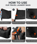 Instructions for using Travel Compression Laundry Bag No Pump Needed Vacuum Space Saver For Dirty Clothes Reusable Waterproof Wet Dry Bag.