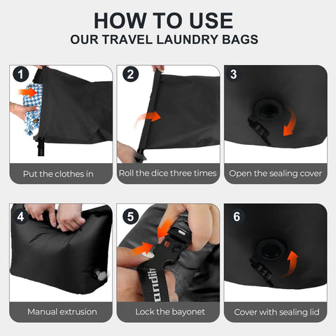 Instructions for using Travel Compression Laundry Bag No Pump Needed Vacuum Space Saver For Dirty Clothes Reusable Waterproof Wet Dry Bag.
