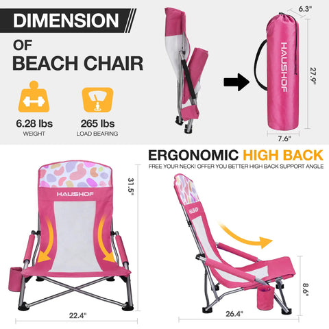Low Seat Beach Chair With Mesh Back And Cup Holder Lightweight Foldable Camping Chair For Beach And Picnic in pink with carry bag