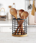 Large Round Utensil Holder With Wooden Base Matte Black Countertop Organizer For Spatulas, Spoons, Whisks And More Durable Metal And Bamboo Kitchen Caddy