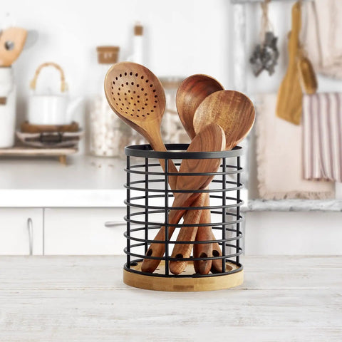 Large Round Utensil Holder With Wooden Base Matte Black Countertop Organizer For Spatulas, Spoons, Whisks And More Durable Metal And Bamboo Kitchen Caddy