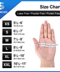 Hand measuring with a tape measure next to glove size chart for Black Nitrile Exam Gloves Medium 4 Mil Powder Free Latex Free.