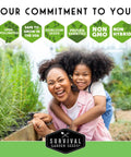 Mother and child in garden with Herbs featuring the Survival Garden Seeds logo, promoting Herbal Tea Seed Pack For Planting With 9 Varieties Heirloom Non GMO Herbs For Teas And Remedies Grow Your Own Natural Remedies Home Apothecary Garden Kit Survival Garden Seeds.