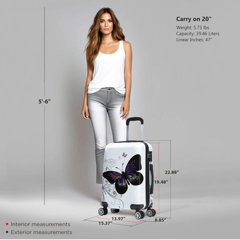 Front view of white hardside 20-inch carry-on luggage with butterfly print, telescoping handle, and spinner wheels.