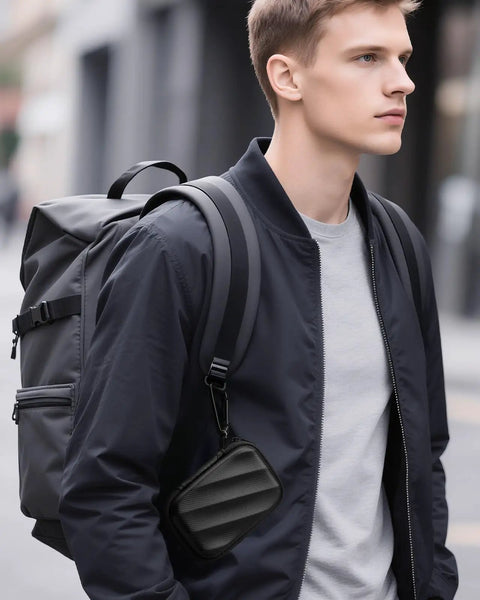 Person with a backpack wearing a Hard Case For T9 T7 Shield T7 Portable SSDs Custom Fit Protective Carry Case in black on strap.