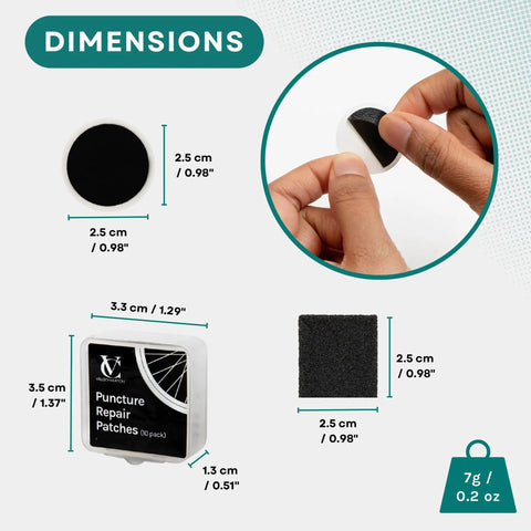 Dimensions of Bike Puncture Repair Kit With Self Adhesive Tire Patches For Road MTB BMX And EBikes Travel Size Patch Kit In 6 10 Or 40 Pack.