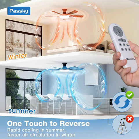 52 Inch Flush Mount Ceiling Fan With Light And Remote Low Profile Black Fan For Bedroom Or Farmhouse Keeps Your Room Cool With Reversible Blades 3CCT Dimmable Lighting Quiet Noiseless DC Motor Energy Efficient Cooling with remote control showing winter and summer airflow directions