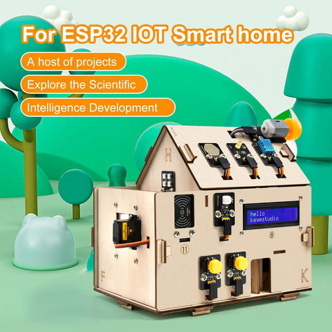 Wooden house sensor kit for ESP32 Smart Home Starter Kit For Arduino And Python, featuring electronic components and display for projects.