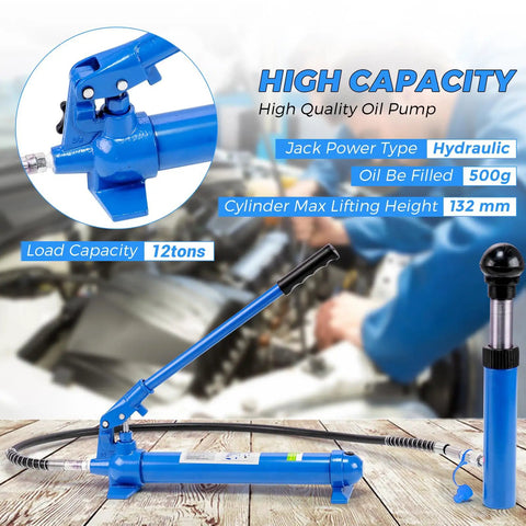 Heavy Duty 12 Ton Hydraulic Porta Power Pump With 4.6 Foot Hose And Steel Storage Case for garage frame straightening.