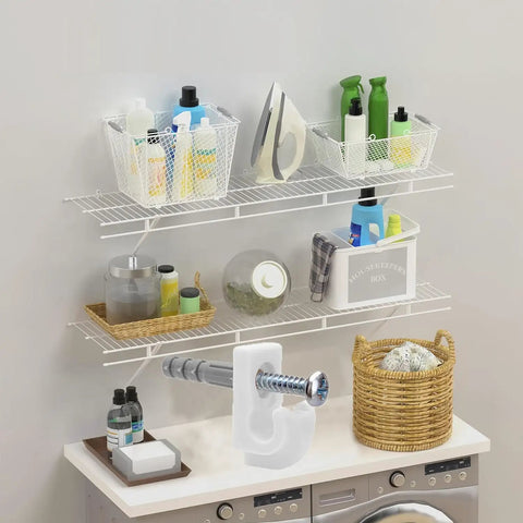 Essential White Down Wall Clips For Wire Shelving, Thirty Pack Plastic Brackets With Screws And Anchors holding storage baskets on shelves.