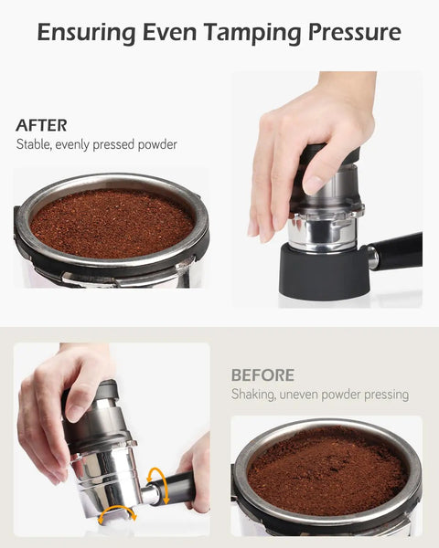 Coffee Tamper Base For ES601 ES701 Portafilter Anti Slip Silicone Stand demonstrating stable tamping before and after use