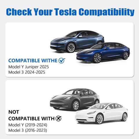Compatibility chart for Tesla Model Y 2025, Model 3 2024; blue cars labeled compatible, gray and white cars not compatible.