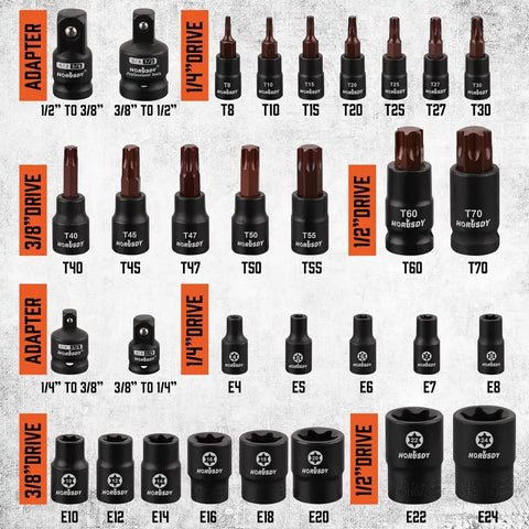 Pro Grade Torx Bit Socket Set With 14 Star Bits T8 To T70 And 12 ETorx Sockets E4 To E24 Plus 4 Heavy Duty Impact Adapters High Torque Laser Marked For Auto Mechanic Work layout