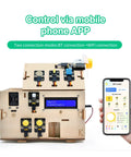 ESP32 Smart Home Starter Kit For Arduino And Python with wooden house sensor kit and mobile app control displayed.