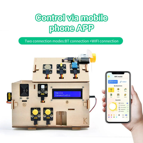 ESP32 Smart Home Starter Kit For Arduino And Python with wooden house sensor kit and mobile app control displayed.