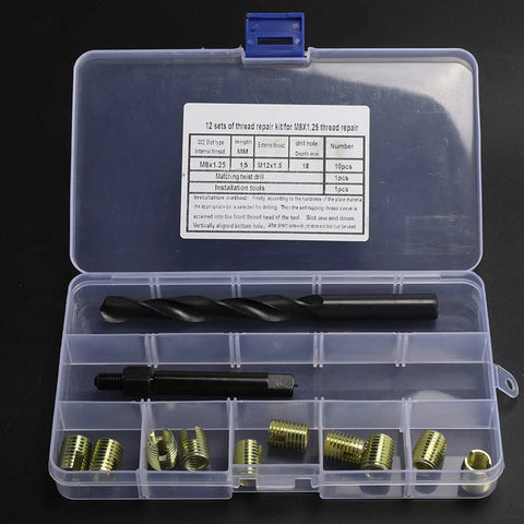 Thread Repair Kit 12Pcs M8 X 1.25 Self Tapping Thread Insert Tool Set With Vibration Anti Loosening For Auto And Industrial Applications Heavy Duty Easy For Car Repairs Trucks Trains Ships Machinery Electronics And Plastics in case