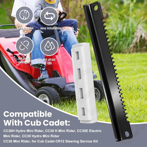 Steering Rack Service Kit For Lawn Tractors And Riding Mowers With Beefed Up Lower Bracket Rack Support And Pinions Built To Fit CC30 CC30H CC30E And R1000 Style Machines Replacement Parts displayed against red lawn tractor backdrop.