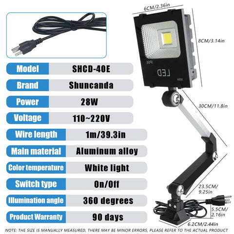 Front view of Built Tough 30W Folding Aluminum Arm Work Light For Lathe Milling And Drill Presses IP66 Waterproof LED Lamp