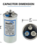 Dual Run HVAC Capacitor 45 Plus 5 MFD 370 440V Kit dimensions showing height 3.8 inches, diameter 2 inches, top view.