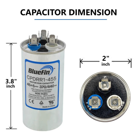 Dual Run HVAC Capacitor 45 Plus 5 MFD 370 440V Kit dimensions showing height 3.8 inches, diameter 2 inches, top view.