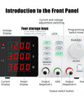Front panel of 7 Modes 120V 3A Adjustable Bench Power Supply With Digital LCD Display, showing controls and displays.