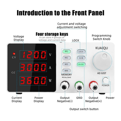 Front panel of 7 Modes 120V 3A Adjustable Bench Power Supply With Digital LCD Display, showing controls and displays.
