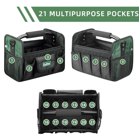 Solid 11 Inch Open Top Tool Tote With 21 Slick Pockets Built For Electricians And Contractors Durable 1680D Oxford Canvas Work Bag Sporting Stainless Steel Handle And Comfy Adjustable Strap For The Daily Grind And Quick Gear Grab Black Green