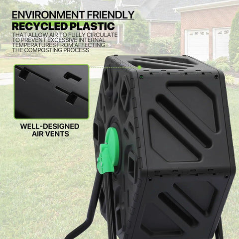 80 Gallon Outdoor Compost Bin BPA Free Material All Season Durable Yet Lightweight with visible air vents and recycled plastic.