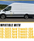 Side view of a white Ford Transit van compatible with 2015-2023 Transit models, showcasing Ford Transit Fuel Filler Door Assembly With White Cover For 2015 To 2023 Transit 150 250 350 350HD Gas Door Cap Replacement CK4Z-5427936-A Premium Quality Replacement Part With Durable Build And Easy Install Direct Fit For Ford Transit Vans.