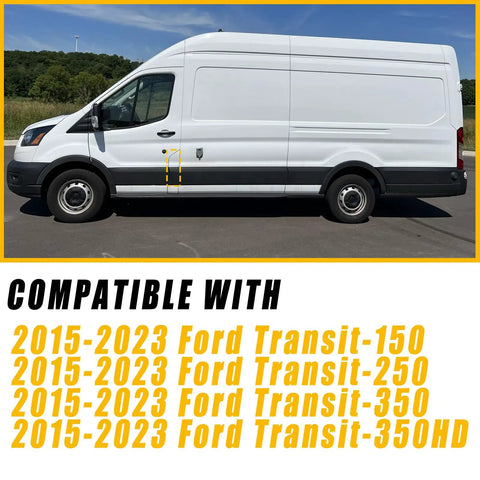 Side view of a white Ford Transit van compatible with 2015-2023 Transit models, showcasing Ford Transit Fuel Filler Door Assembly With White Cover For 2015 To 2023 Transit 150 250 350 350HD Gas Door Cap Replacement CK4Z-5427936-A Premium Quality Replacement Part With Durable Build And Easy Install Direct Fit For Ford Transit Vans.