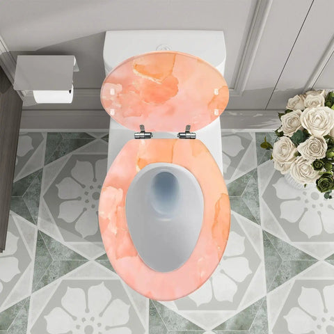 Elongated Toilet Seat Quiet Close for Home Bathroom, 14.5" x 18.5", featuring a pink watercolor design and adjustable hinges.