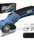 Strebilo Cordless Electric Scissors And Box Cutter For Cardboard with sharp blade and LED light, showing box and accessories.
