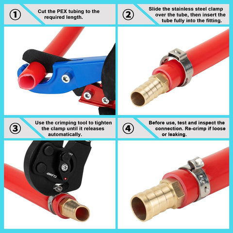 Beast All In One PEX Crimping Tool Kit With 2 In 1 Ratchet Cinch And Removal, PEX tubing, clamp and brass fitting process.