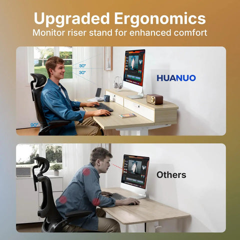 Comparison of ergonomic posture with Compact Electric Standing Desk With Two Drawers 32x21 Inch Workstation C Clamp Mount Compatible Height Adjustable Sit Stand Desk Four Memory Height Settings Light Walnut Finish For Home Office