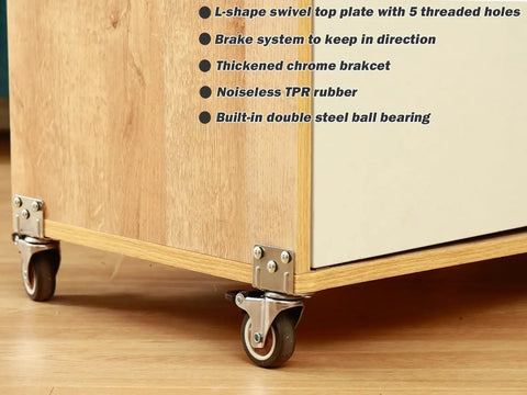 1.5 Inch Side Mount Caster Wheels Set Of 12 With Locking Swivel attached to wooden cabinet corner