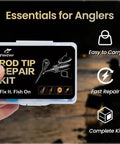 All In One Pro Grade Fishing Rod Tip Repair Kit With 10 Top Eyelets, UV Resin, Epoxy, Wrapping Thread, held in hand view.