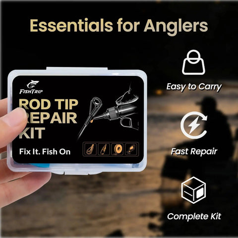 All In One Pro Grade Fishing Rod Tip Repair Kit With 10 Top Eyelets, UV Resin, Epoxy, Wrapping Thread, held in hand view.
