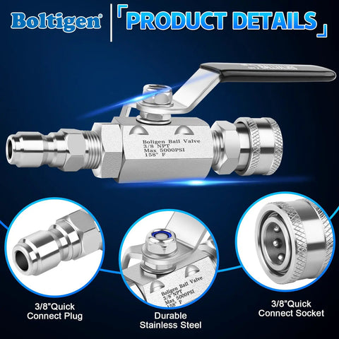 High Pressure Washer Ball Valve Kit With 5000 PSI Capacity, Three Eighths Inch Quick Connect Shut Off Ball Valve For Power Washer Hose