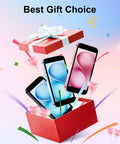 Snag This Slick Pocket Powerhouse Smartphone With Unlocked Four G Network And Generous Five Twelve Gb Memory featuring colorful phones in a gift box.