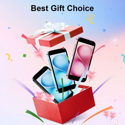 Snag This Slick Pocket Powerhouse Smartphone With Unlocked Four G Network And Generous Five Twelve Gb Memory featuring colorful phones in a gift box.