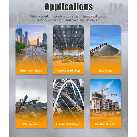 Heavy Duty Mobile Fog Cannon Sprayer With High Power Water Mist Generator For Demolition Sites Quarry Loading Zones Road Construction And Outdoor Industrial Dust Control Cooling Applications used in urban sanitation and construction.