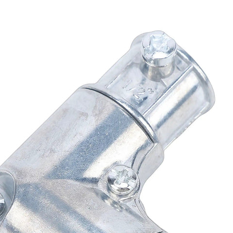 Close-up of 1/2 Inch 90 Degree EMT Inside Corner Pull Elbow Conduit Fitting for hassle free wire snaking, zinc alloy construction.